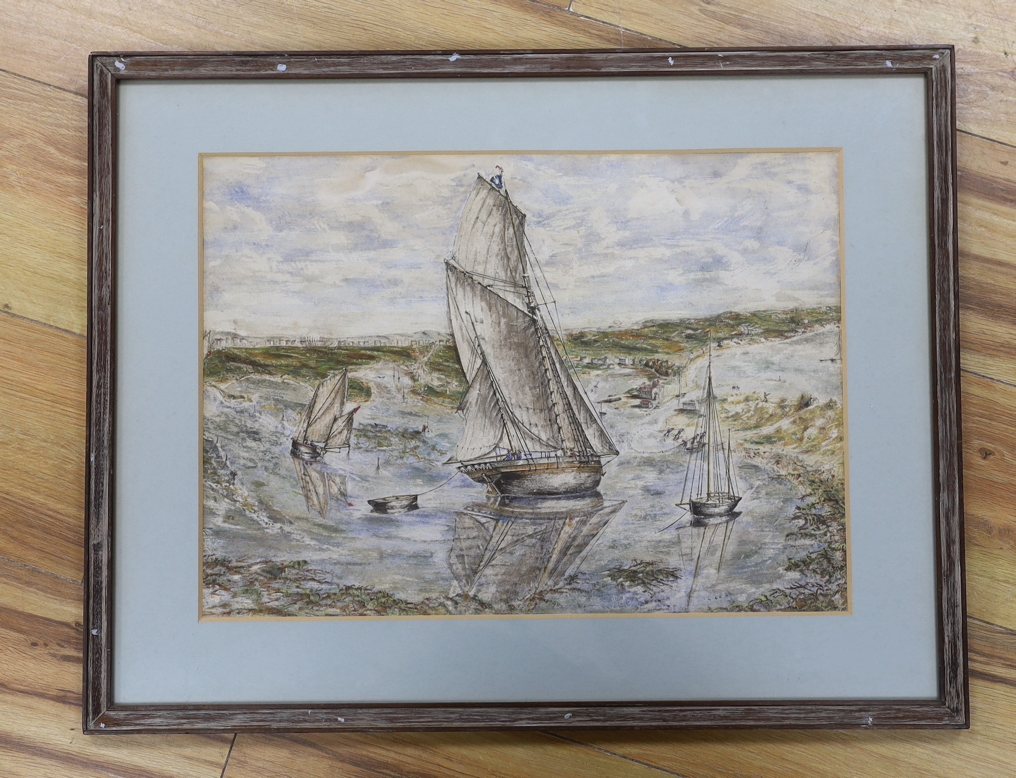 English School, 19th century, watercolour, Dystopian boat scene, 30 x 43cm